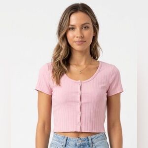 Cotton Emporium Pink Ribbed Button-Down Crop Top - Size S